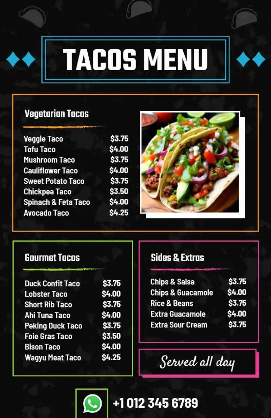 Delicious Gourmet and Vegetarian Taco Selections Tacos Menu Template