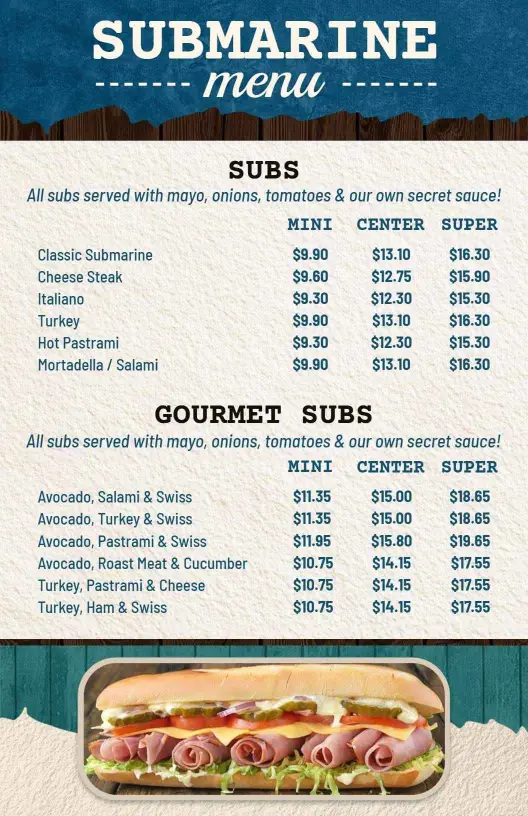 Delicious Gourmet Submarine Sandwiches with Fresh Toppings Menu Template