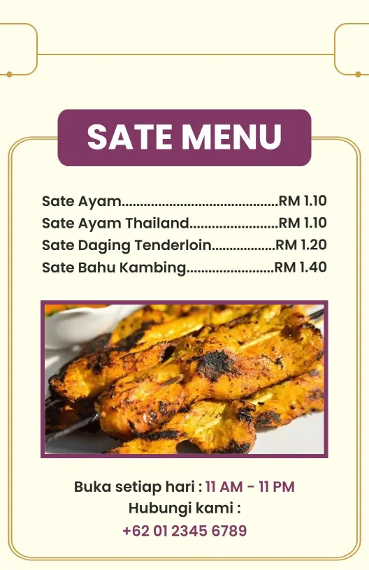 Delicious Grilled Chicken and Tenderloin Skewers Sate Menu Template