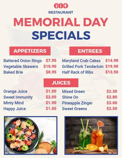 Delicious Grilled Entrees and Refreshing Juices Memorial Day Menu Template