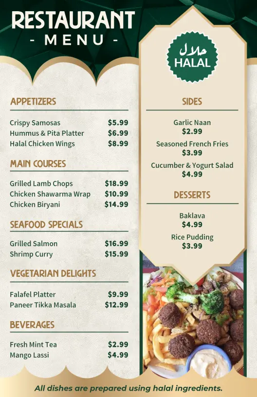 Delicious Halal Dishes and Appetizers Selection Restaurant Menu Template
