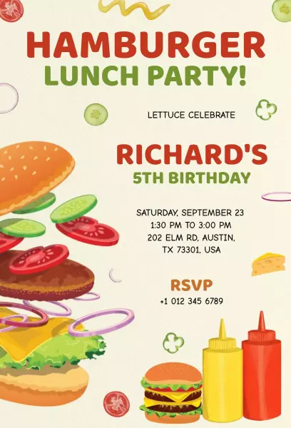 Delicious Hamburger Fun 5th Birthday Celebration Invitation Template