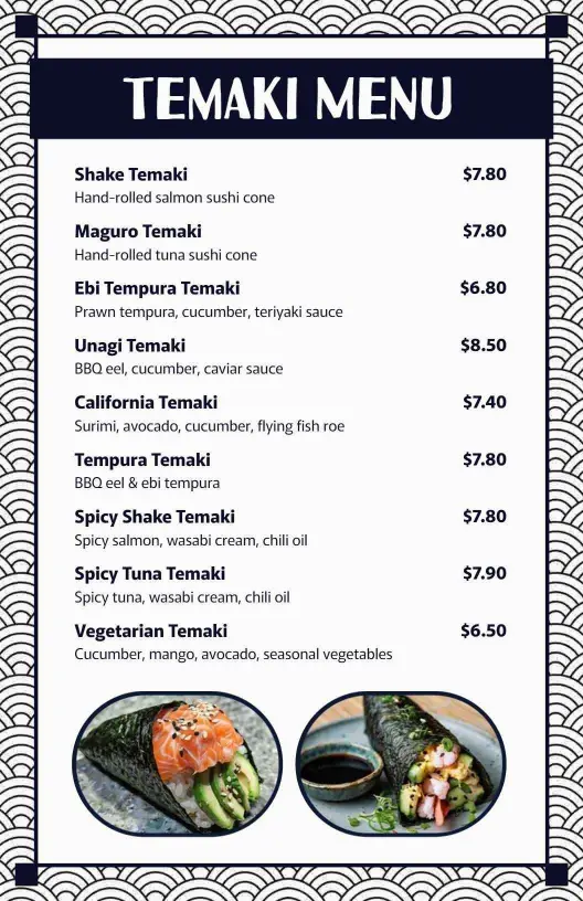 Delicious Hand-Rolled Temaki Varieties and Flavors Sushi Menu Template