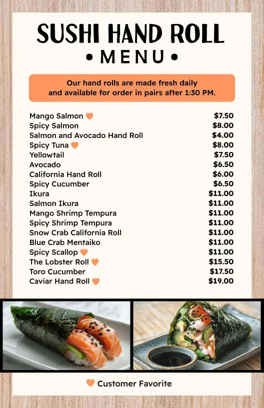 Delicious Hand Rolls Featuring Fresh Ingredients Sushi Menu Template
