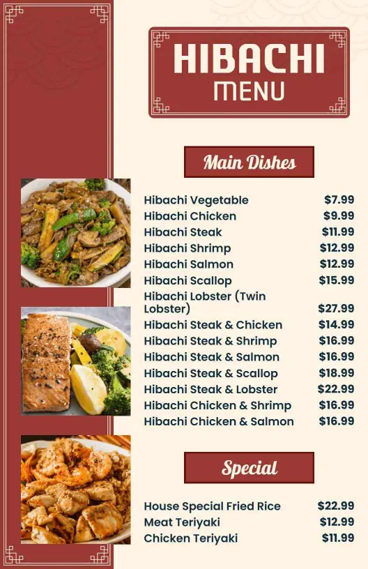 Delicious Hibachi Selections with Chicken and Seafood Food Menu Template