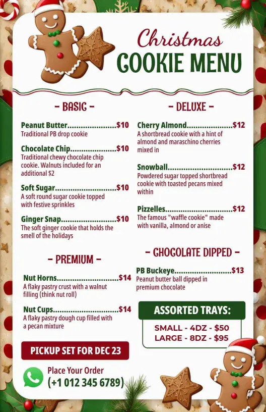 Delicious Holiday Cookie Selections and Festive Treats Christmas Menu Template