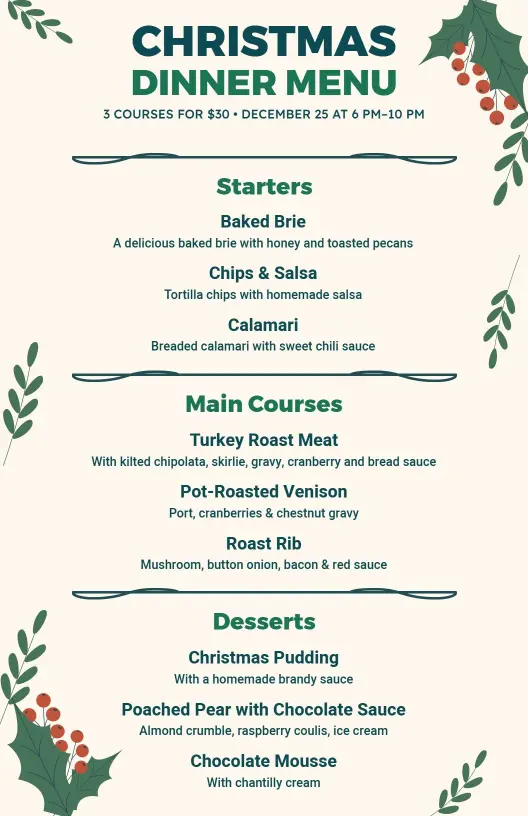 Delicious Holiday Roasts and Gourmet Desserts Christmas Menu Template