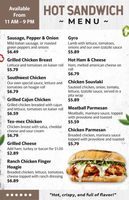 Delicious Hot Sandwich Restaurant Menu Template