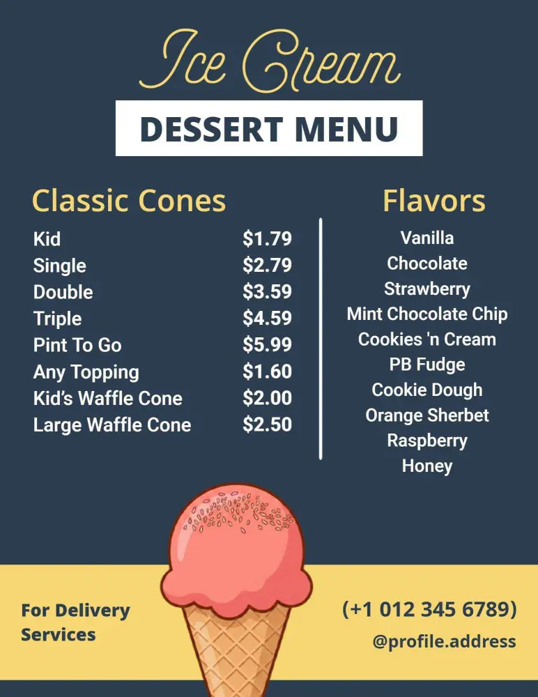 Delicious Ice Cream Cone Varieties and Flavor Selections Dessert Menu Template