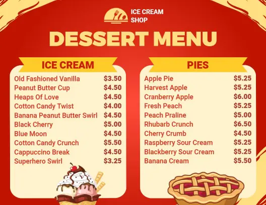 Delicious Ice Cream Flavors and Classic Pie Selections Dessert Menu Template