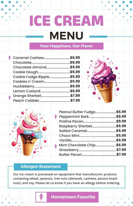 Delicious Ice Cream Flavors and Toppings for Everyone Ice Cream Menu Template