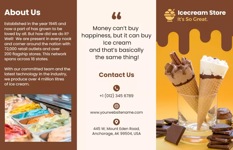 Delicious Ice Cream Store Flavors and Contact Info Brochure Template