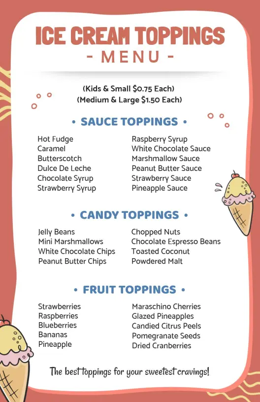 Delicious Ice Cream Toppings Featuring Sauces and Fruits Ice Cream Menu Template