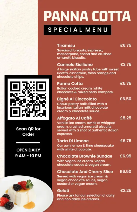 Delicious Italian Desserts with Tiramisu and Panna Cotta Menu Template