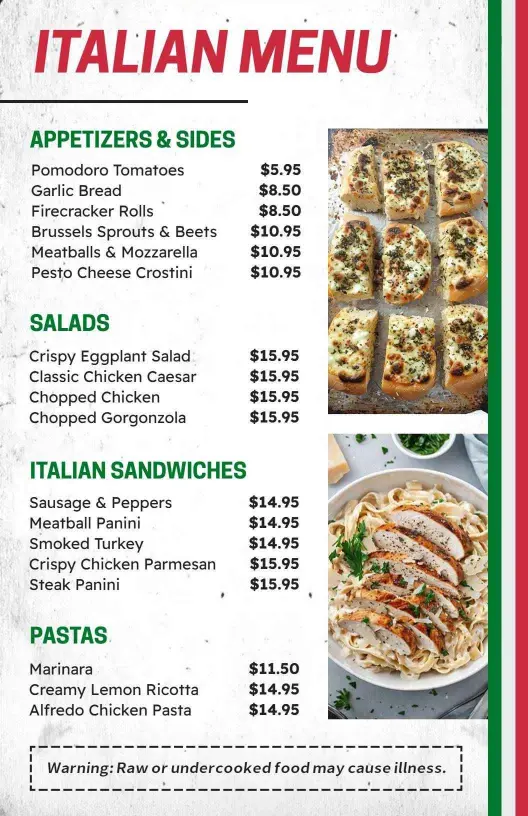 Delicious Italian Salads and Pastas Menu Template