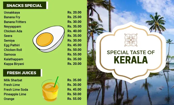 Delicious Kerala Snacks and Fresh Juices for Indian Cuisine Menu Template