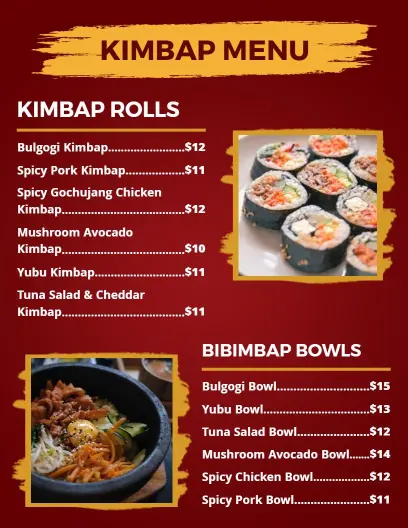 Delicious Korean Kimbap and Bibimbap Bowl Selections Food Menu Template