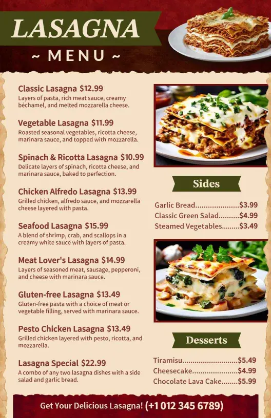 Delicious Lasagna Variations with Enticing Side Dishes Food Menu Template