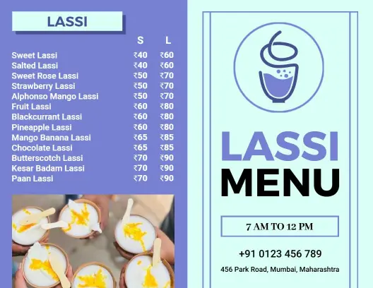 Delicious Lassi and Milkshake Selections Indian Cuisine Menu Template