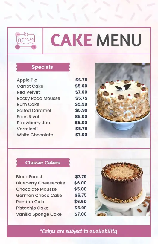 Delicious Layered and Classic Cake Selections for Every Occasion Cake Menu Template