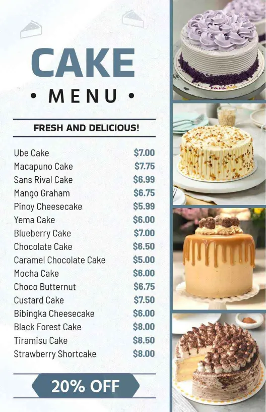 Delicious Layered Cakes and Flavorful Cheesecakes Cake Menu Template