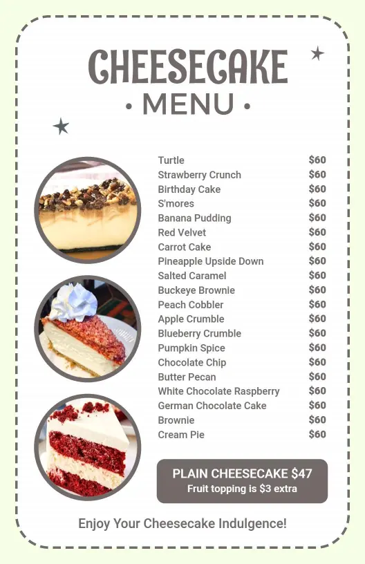 Delicious Layered Cheesecake Varieties and Flavors Cake Menu Template