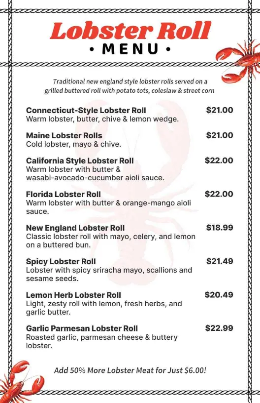 Delicious Lobster Roll Varieties with Flavorful Ingredients Seafood Menu Template