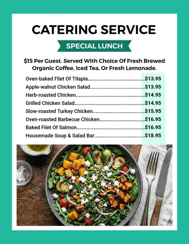 Delicious Lunch Selections with Fresh Salads and Proteins Catering Menu Template