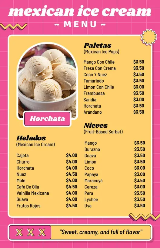Delicious Mexican Paletas and Ice Cream Flavors Ice Cream Menu Template