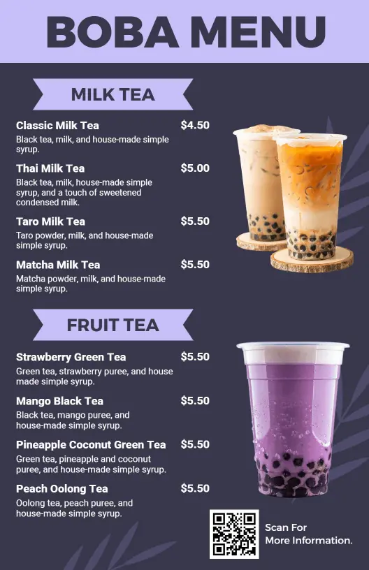 Delicious Milk and Fruit Teas with Unique Flavors Boba Menu Template