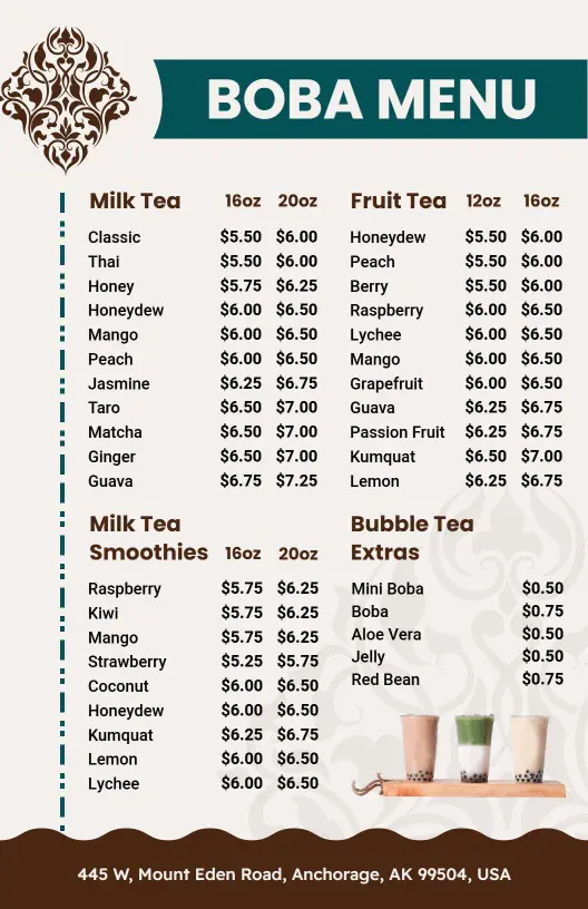 Delicious Milk Tea and Fruit Variations with Extras Boba Menu Template