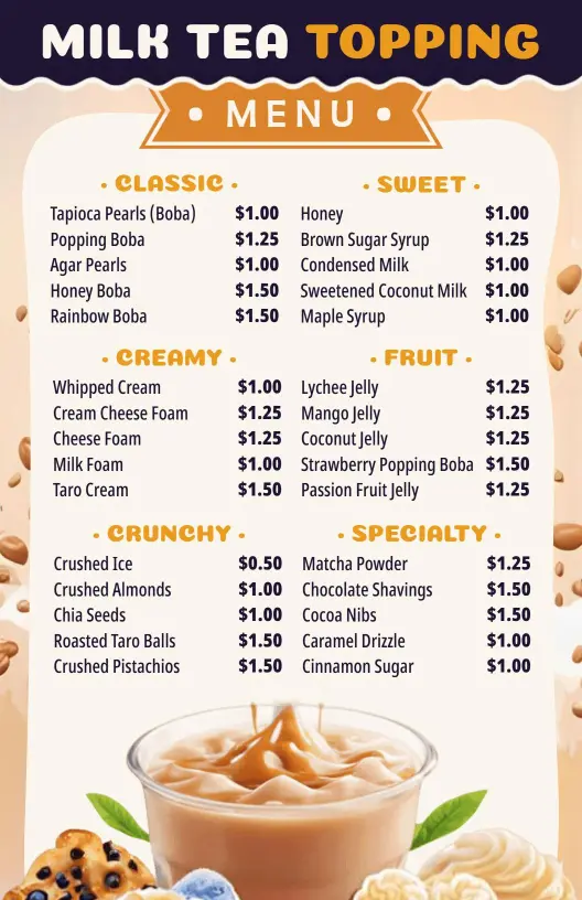 Delicious Milk Tea Toppings Featuring Classic and Sweet Options Boba Menu Template
