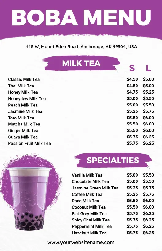 Delicious Milk Tea Varieties and Unique Flavors Boba Menu Template