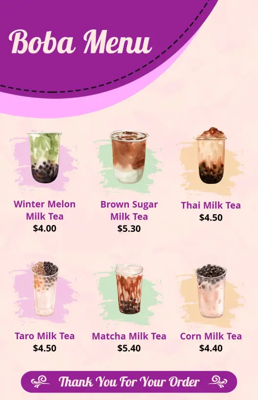 Delicious Milk Tea Varieties Featuring Unique Flavors Boba Menu Template