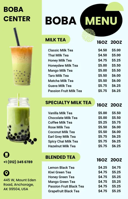 Delicious Milk Teas and Unique Specialty Options Boba Menu Template