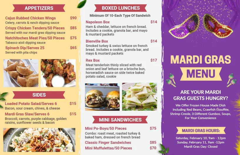 Delicious Mini Sandwiches and Sides Options Mardi Gras Menu Template