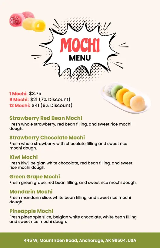 Delicious Mochi Varieties Featuring Sweet Rice and Fillings Dessert Menu Template