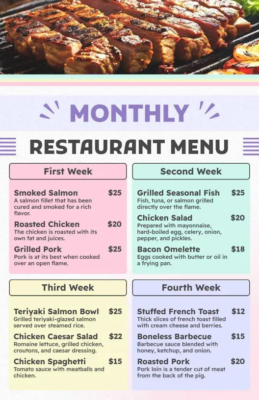 Delicious Monthly Specials Featuring Grilled and Roasted Restaurant Menu Template