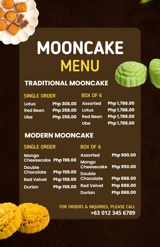 Delicious Mooncake Varieties Featuring Lotus and Ube Cake Menu Template