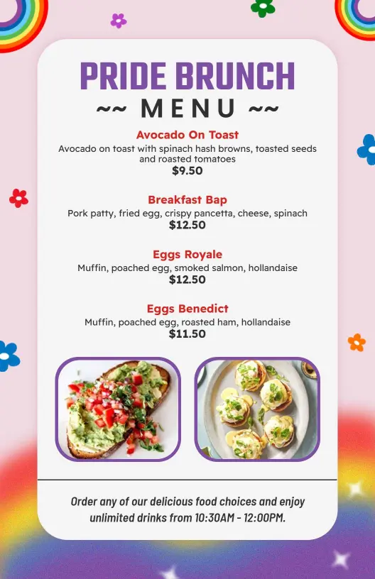 Delicious Morning Delights with Savory Options Pride Brunch Menu Template