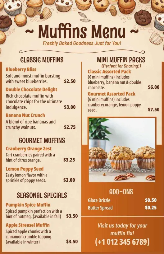 Delicious Muffin Selections and Seasonal Specials Bakery Menu Template