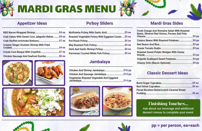 Delicious Muffuletta and Chicken Gumbo Dishes Mardi Gras Menu Template