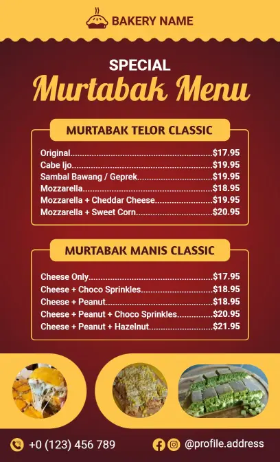 Delicious Murtabak Varieties with Unique Fillings Bakery Menu Template