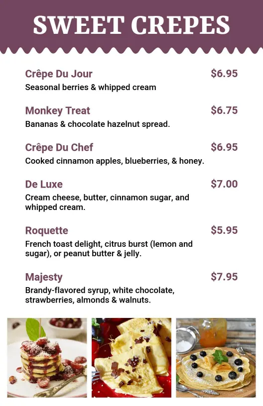 Delicious Nutty and Fruity Fillings Sweet Crepes Menu Template