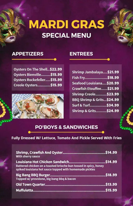 Delicious Oyster Creations and Seafood Dishes Mardi Gras Menu Template