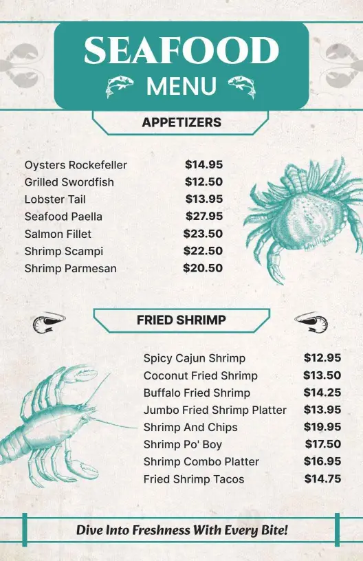 Delicious Oysters and Grilled Seafood Delicacies Seafood Menu Template