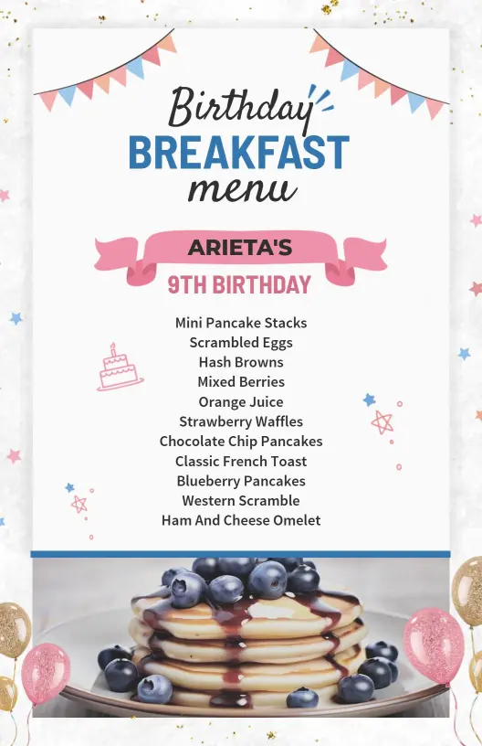 Delicious Pancake and Waffle Selections for Birthday Breakfast Menu Template