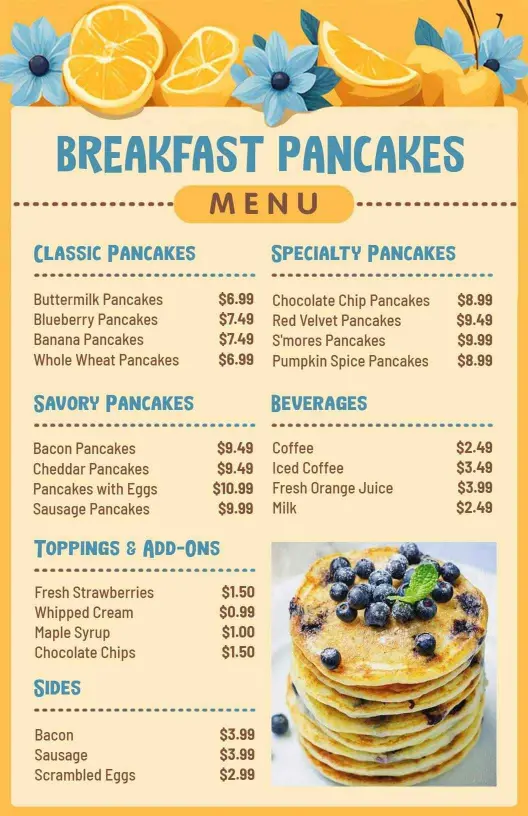 Delicious Pancake Varieties with Toppings and Sides Breakfast Menu Template