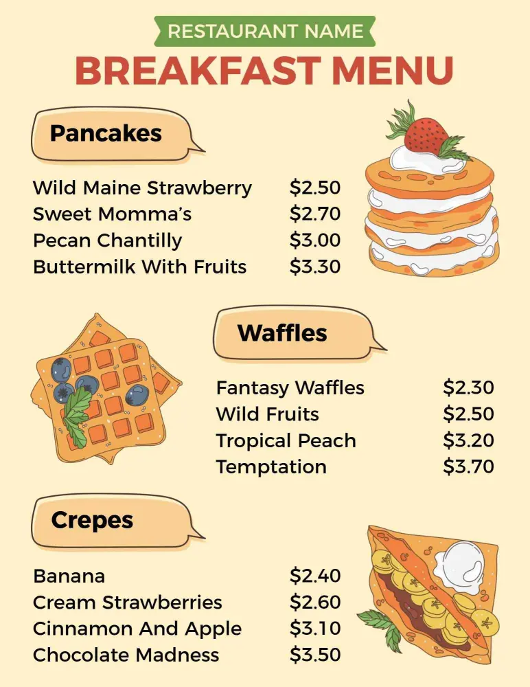 Delicious Pancakes and Waffles with Sweet Crepes Breakfast Menu Template