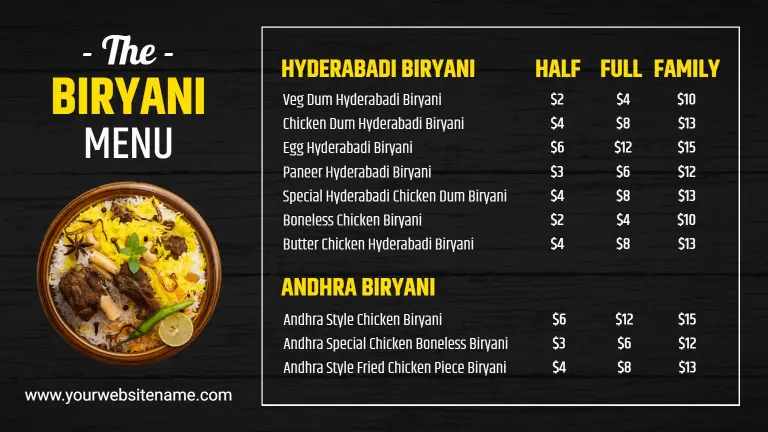 Delicious Paneer and Chicken Dishes in Biryani Menu Template
